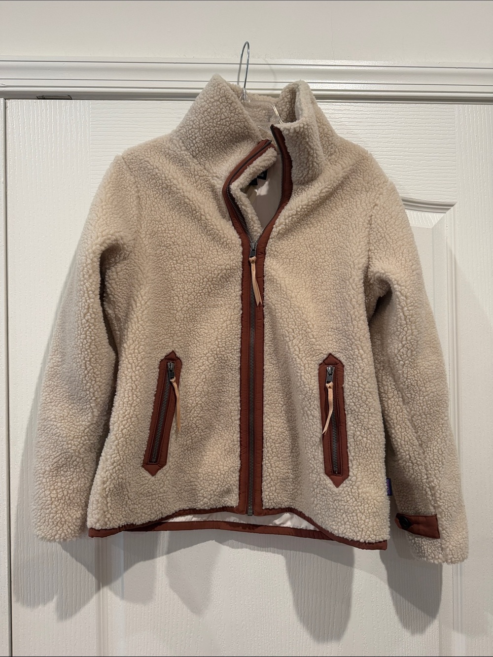 Patagonia Cream Sherpa Puffer Jacket with Brown Trim